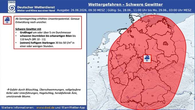 Unwetterwarnung für Sonntag 28.06.2026