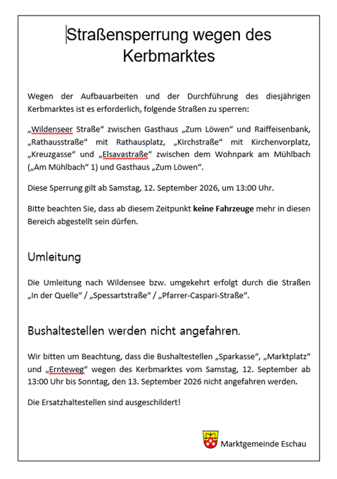 Straßensperrung wegen Kerbmarkt