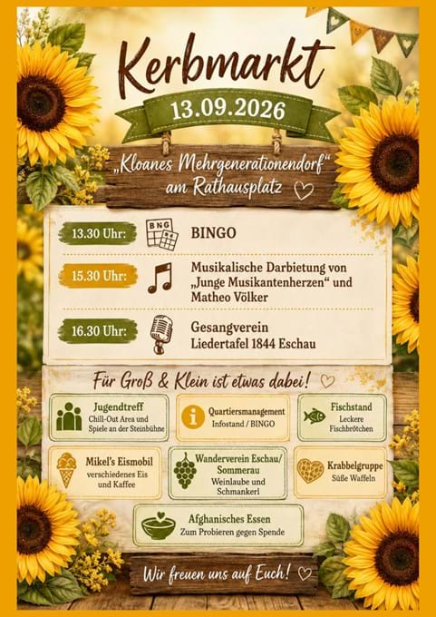 Plakat für "Kloanes Mehrgenerationendorf" am Kerbmarkt