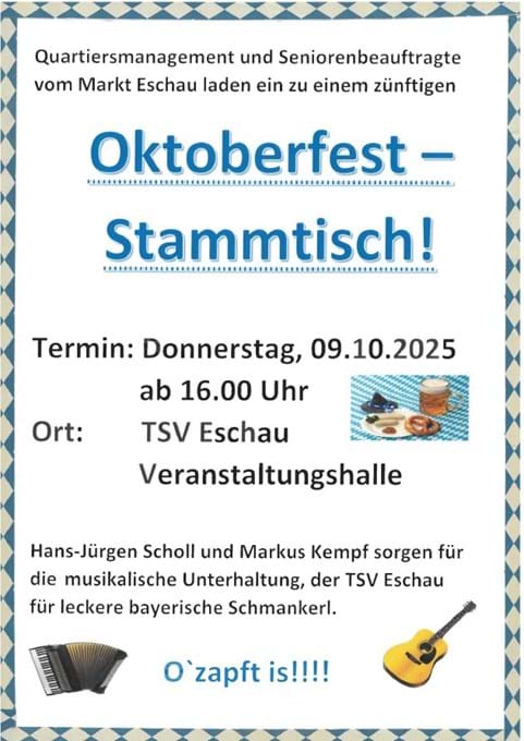 Oktoberfest-Stammtisch am Donnerstag, 09.10.2025 ab 16:00 Uhr in der TSV Eschau Veranstaltungshalle