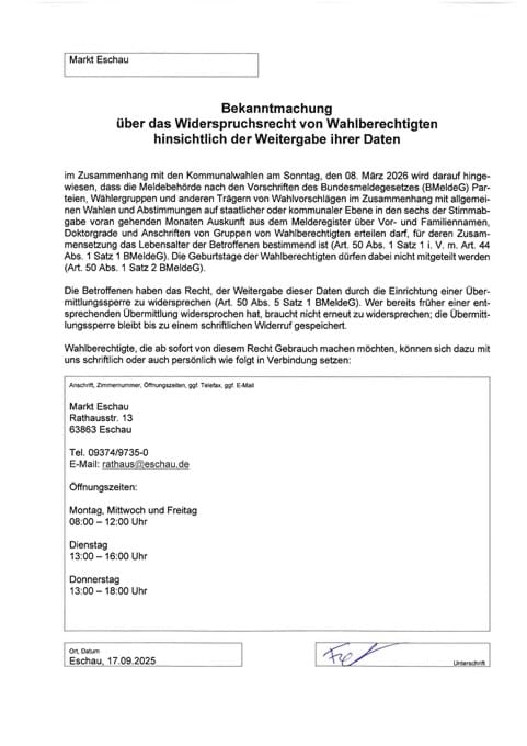 Bekanntmachung über das Widerspruchsrecht von Wahlberechtigten hinsichtlich der Weitergabe ihrer Daten