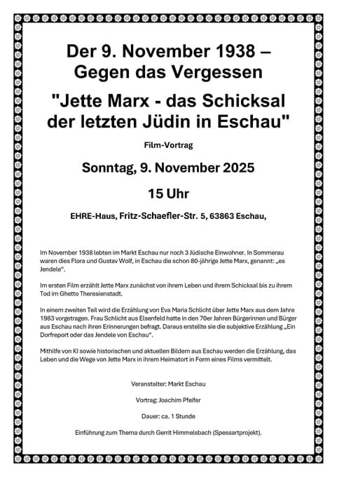 Plakat Filmvortrag Jette Marx - das Schicksal der letzten Jüdin in Eschau