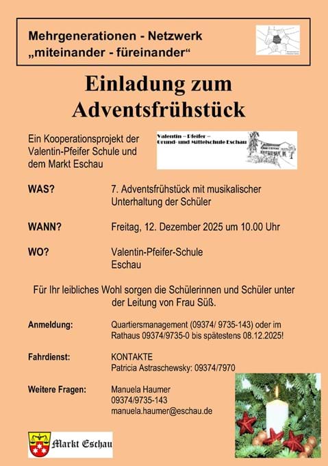 Einladung zum Adventsfrühstück in der Valentin-Pfeifer-Schule Eschau