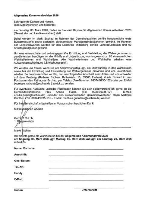 Wahlhelferaufruf Kommunalwahl 2026